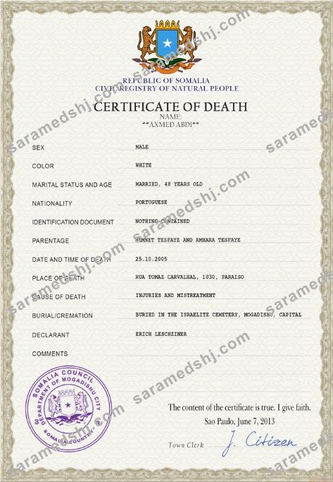 Somalia vital record death certificate PSD template